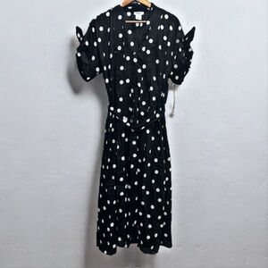 ✨ DKNY Black & White Polka Dot Midi Dress Tie Waist Fit&Flare 10 Retro Inspired